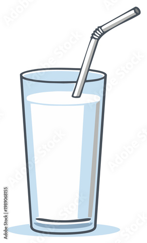 Tall Glass of Milk with a Drinking Straw, Nutritious Drink for Breakfast or Snack