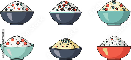 Colorful illustration of six bowls of rice with various toppings