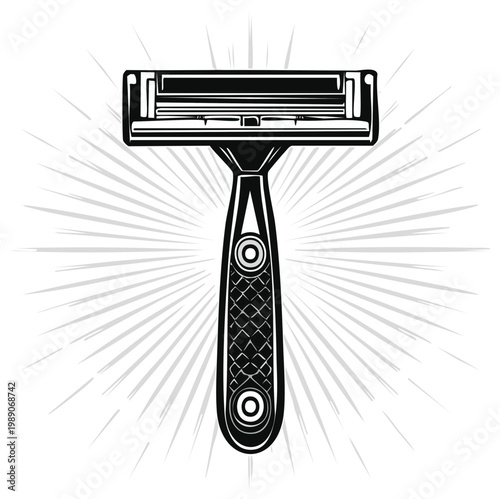 Graphic illustration of a razor with sunburst design elements, black and white.