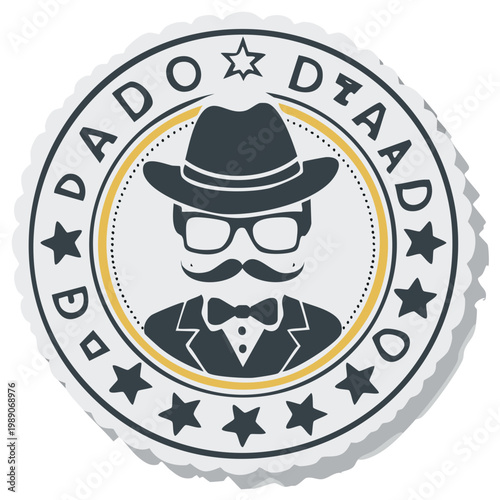 Vintage emblem of a gentleman with hat, glasses, and mustache.