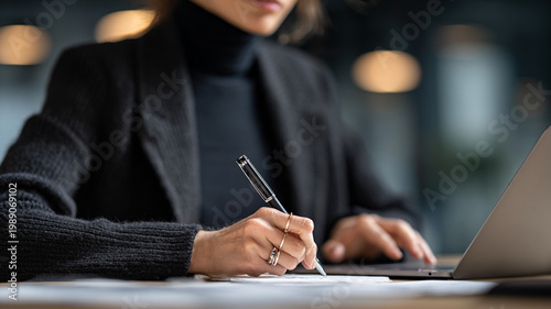 Close-up of female financial analyst hands holding a pen over laptop keyboard.