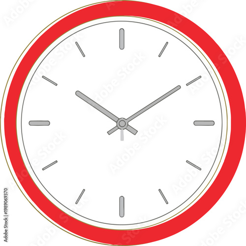 Red wall clock with white face and gray hands on plain background