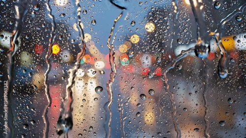 Rainy cityscape view through a wet window with blurred lights and droplets falling down