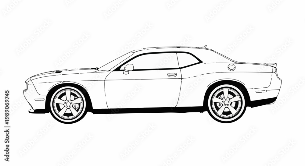 Fototapeta premium A black and white line drawing of a modern sports coupe, side view, with detailing on wheels and body