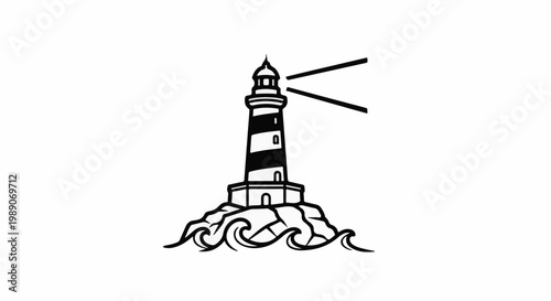 A black and white illustration of a lighthouse on a rocky outcrop surrounded by waves
