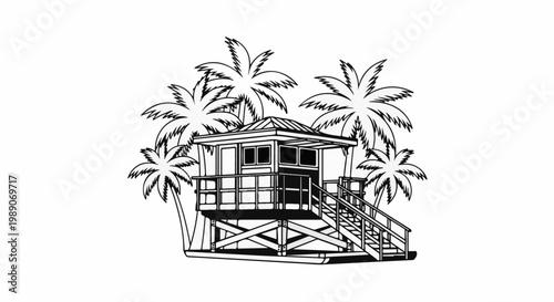 A black and white illustration of a lifeguard station surrounded by palm trees