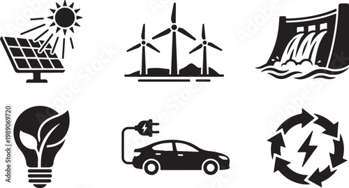 Renewable energy symbols including solar panel wind turbines and dam with electric car and lightbulb Isolated on white background