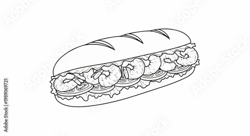 A black and white illustration of a long sandwich filled with shrimp, lettuce, and tomato slices
