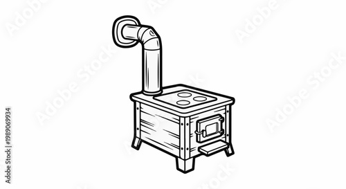 A black and white line drawing of a vintage wood-burning stove