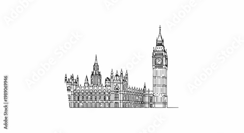 A black and white sketch of the Houses of Parliament and Big Ben