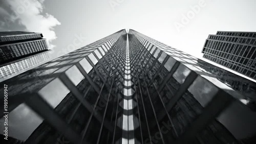 A low-angle shot of a tall skyscraper building standing among other office buildings in a cityscape with a cloudy sky.