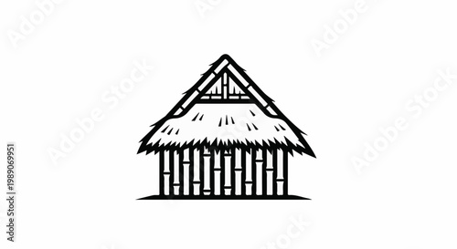 A black and white illustration of a simple hut with a thatched roof