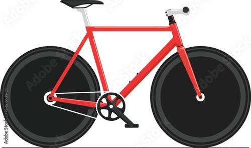 Red bicycle with black wheels and seat on white background