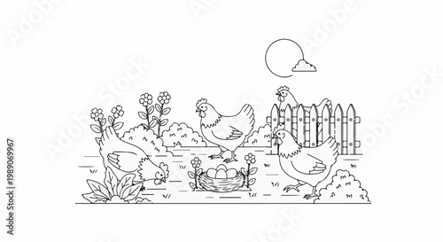 A black and white line drawing of chickens in a yard with a nest and flowers