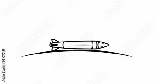 A black and white outline drawing of a rocket on a curving line