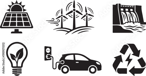 Renewable energy icons including solar panel wind turbines dam lightbulb electric car and recycling symbol Vector Silhouette Isolated on white background