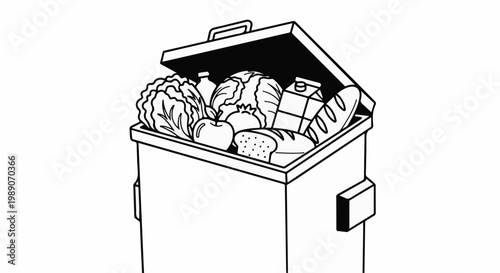 A black and white illustration of a trash can overflowing with groceries