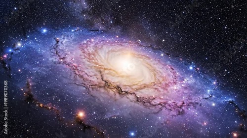 A stunning spiral galaxy with vibrant purple and orange hues shines brightly in the vast expanse of outer space surrounded by stars.