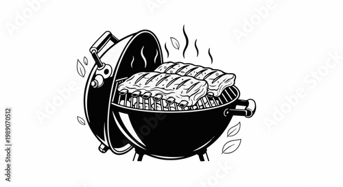 A black and white illustration of ribs on a grill with smoke and leaves