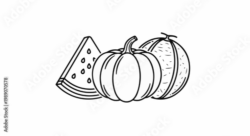 A black and white outline drawing of three fruits a slice of watermelon, a pumpkin, and a melon