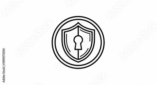 A black and white line art icon of a shield with a keyhole