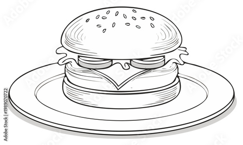 Hand Drawn Style Burger Illustration on a Plate with Cheese and Fresh Vegetables