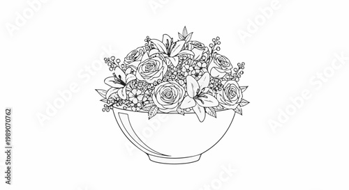 A black and white line drawing of a bountiful floral arrangement in a bowl