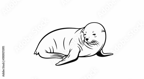 A black and white outline illustration of a seal resting on its side