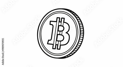 A black and white line drawing of a coin with the Bitcoin symbol
