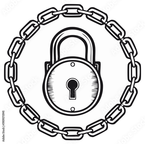 Vintage padlock secured within a circular chain emblem representing protection and security concept
