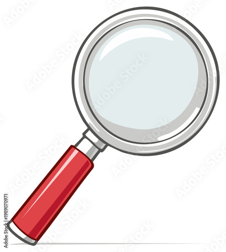 Cartoon magnifying glass illustration with red handle for search and investigation concepts