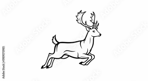 A black and white line drawing of a deer mid-leap with large antlers