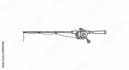 A black and white line drawing of a fishing rod and reel on a white background