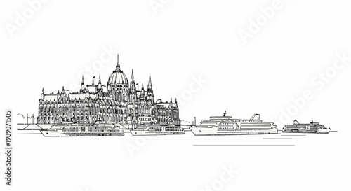 A black and white sketch of a grand building by a river with boats
