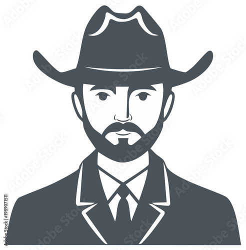 Illustration of bearded man wearing cowboy hat suit and tie vector art