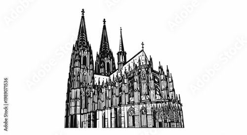 A black and white sketch of a grand cathedral with multiple spires and intricate Gothic architecture