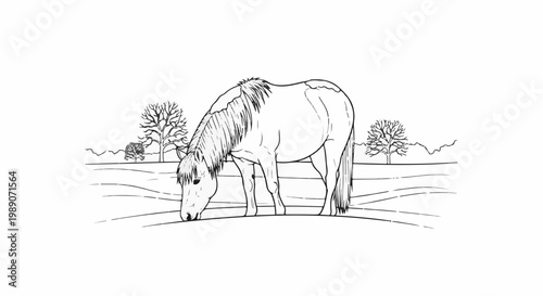 A black and white sketch of a horse grazing in a field with trees in the background