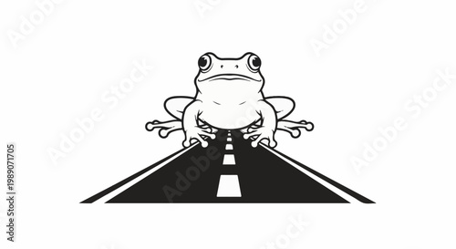 A cartoon frog sits on a highway, looking forward