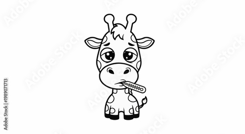 A cartoon giraffe with spots looks unwell with a thermometer in its mouth