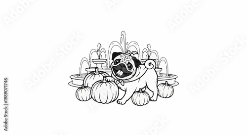 A cartoon pug playfully poses among pumpkins in front of a decorative fountain