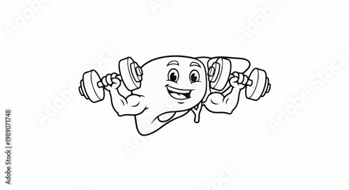 A cartoon liver character flexing its muscular arms while lifting dumbbells