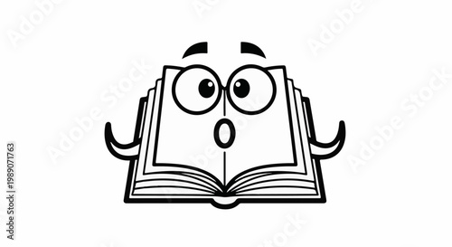 A cartoon open book with large eyes, glasses, and an open mouth
