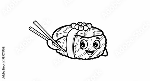 A cartoon sushi piece with a happy face and chopsticks
