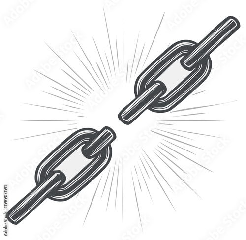 Broken chain illustration with light rays and retro style symbol for freedom or concept