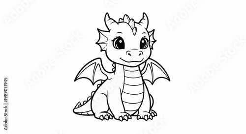 A cute, cartoon-style baby dragon sits on its haunches with its wings spread