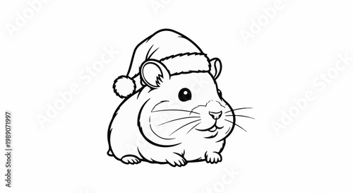 A cute, plump hamster wearing a festive Santa hat and looking happy