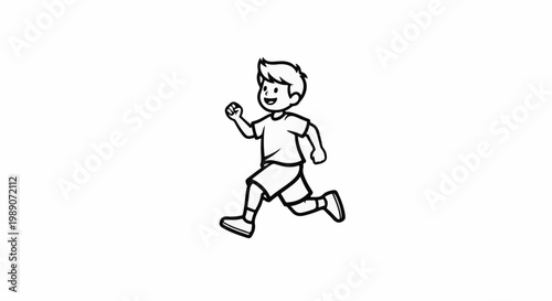 A cheerful cartoon boy in a t-shirt and shorts running
