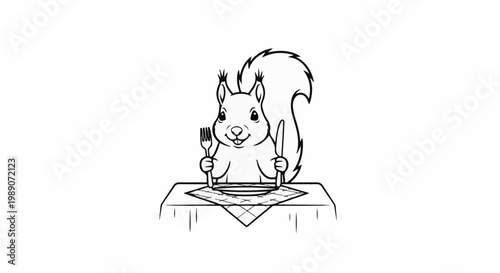 A cheerful cartoon squirrel sits at a table with cutlery and a plate
