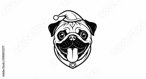 A cheerful pug wearing a festive hat, with its tongue out