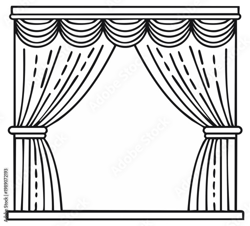 Elegant window frame with decorative swagged curtains and fluted pillars, outline illustration.